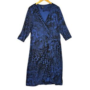 Mercer & Madison 1X Blue Black Abstract Animal Print Faux Wrap Midi Dress